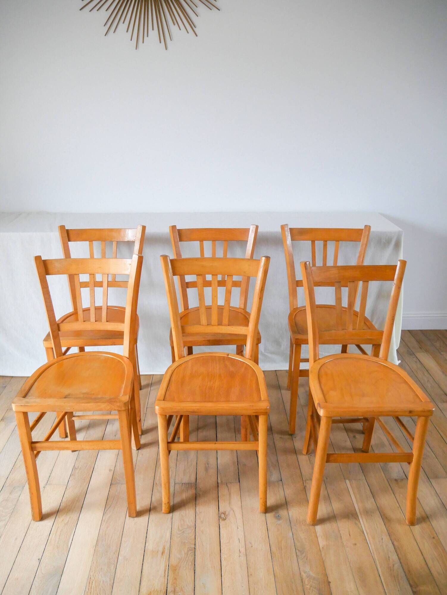 Set of 6 bistro chairs in blond wood luterma 1950