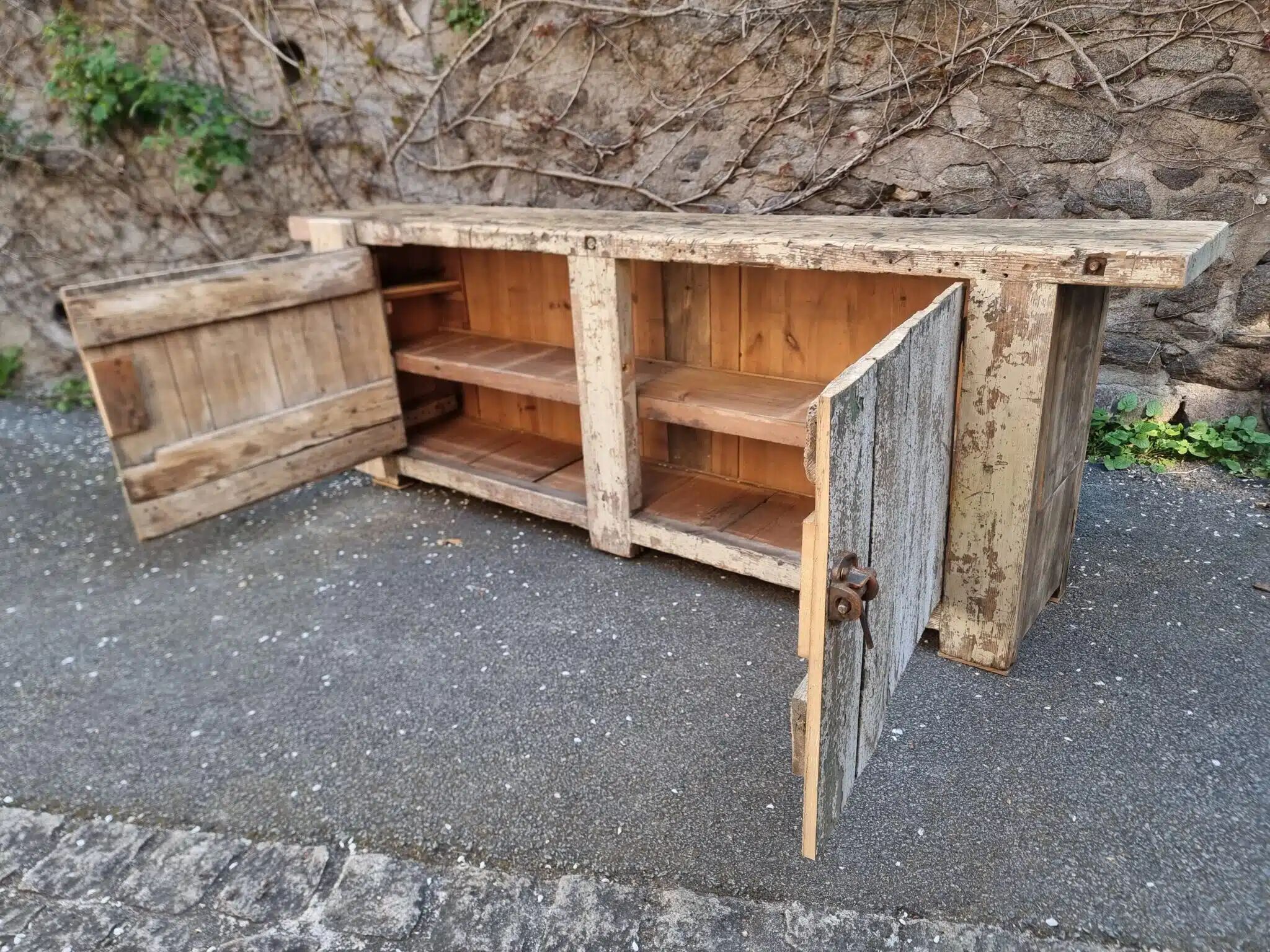 Established ancient French console table / kitchen island / shop counter, early 1900s.