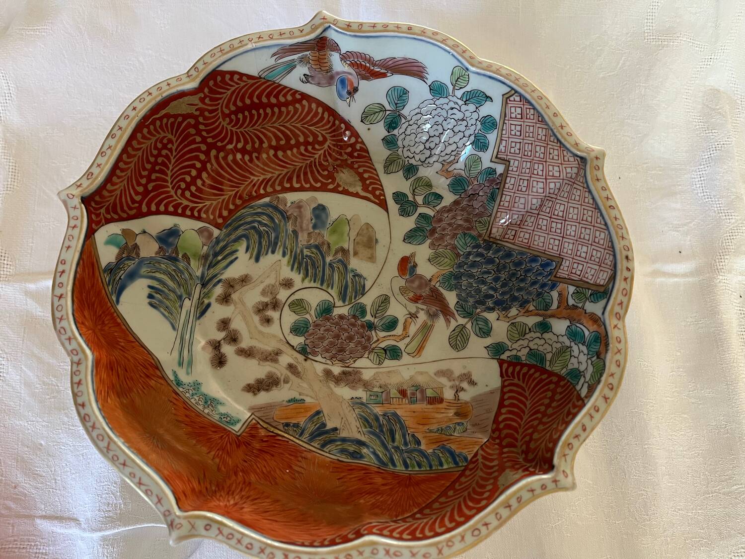 Chinese ceramic cup landscape patterns brass base supported by 4 elephants lai