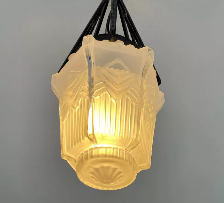 Hanging lamp in wrought iron and pressed molded glass, art nouveau