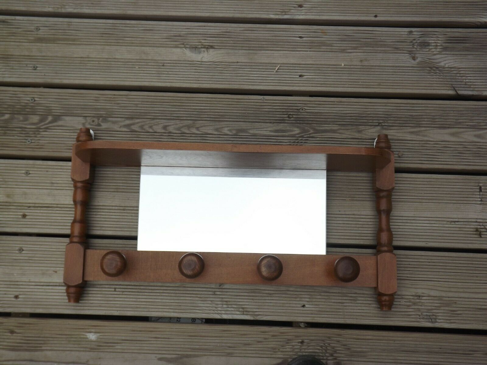Vintage wooden wall coat rack with mirror and hooks, French, 3529