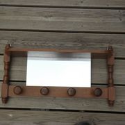Vintage wooden wall coat rack with mirror and hooks, French, 3529