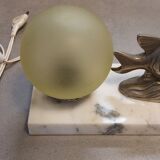 Art Deco metal bedside lamp (silver bronze?), marble base and glass