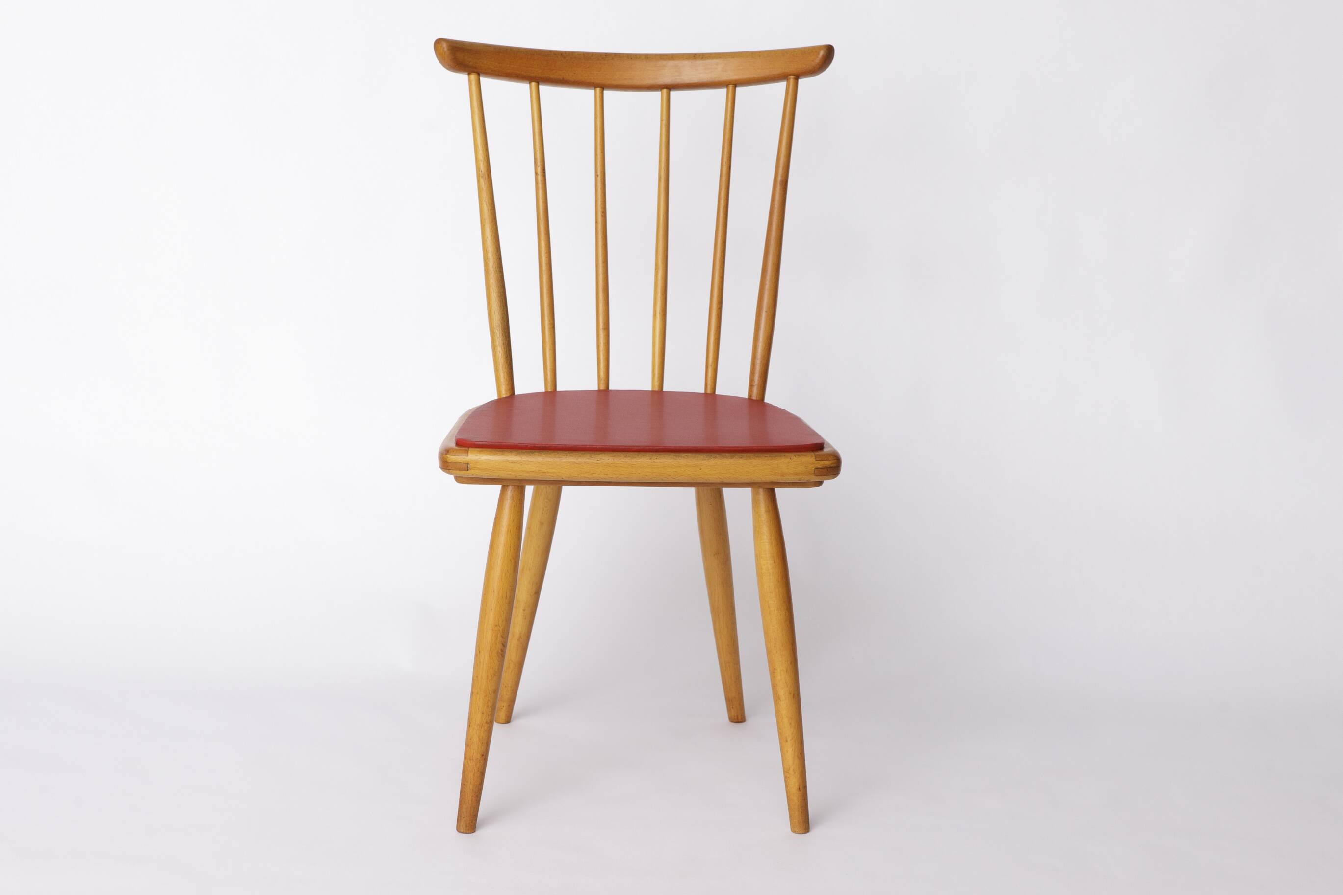 Vintage Beech Dining Chair with Original Red Faux Leather Seat – 1960s/70s