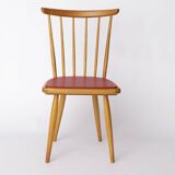 Vintage Beech Dining Chair with Original Red Faux Leather Seat – 1960s/70s