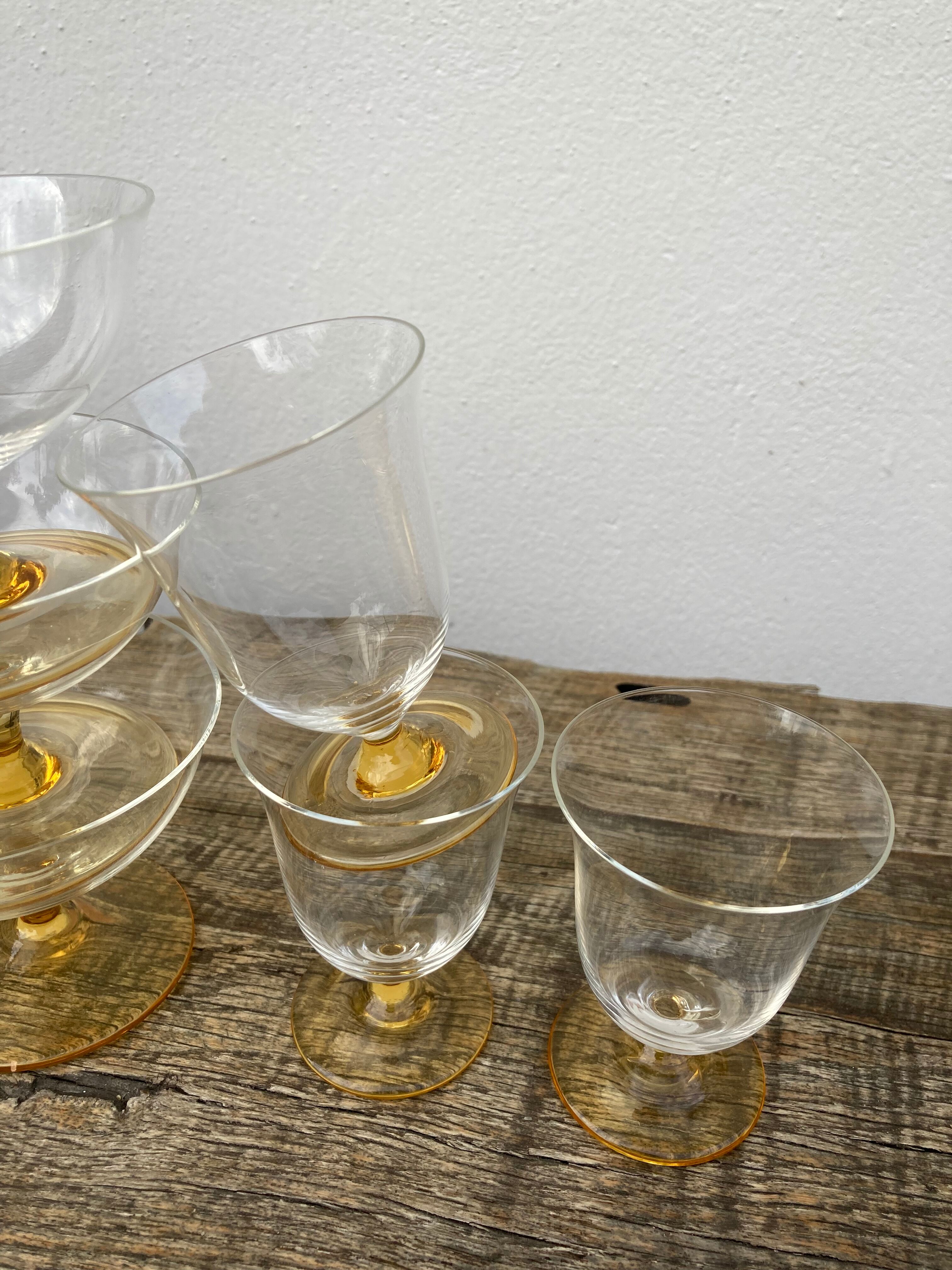 6 antique yellow crystal stemmed glasses and cups