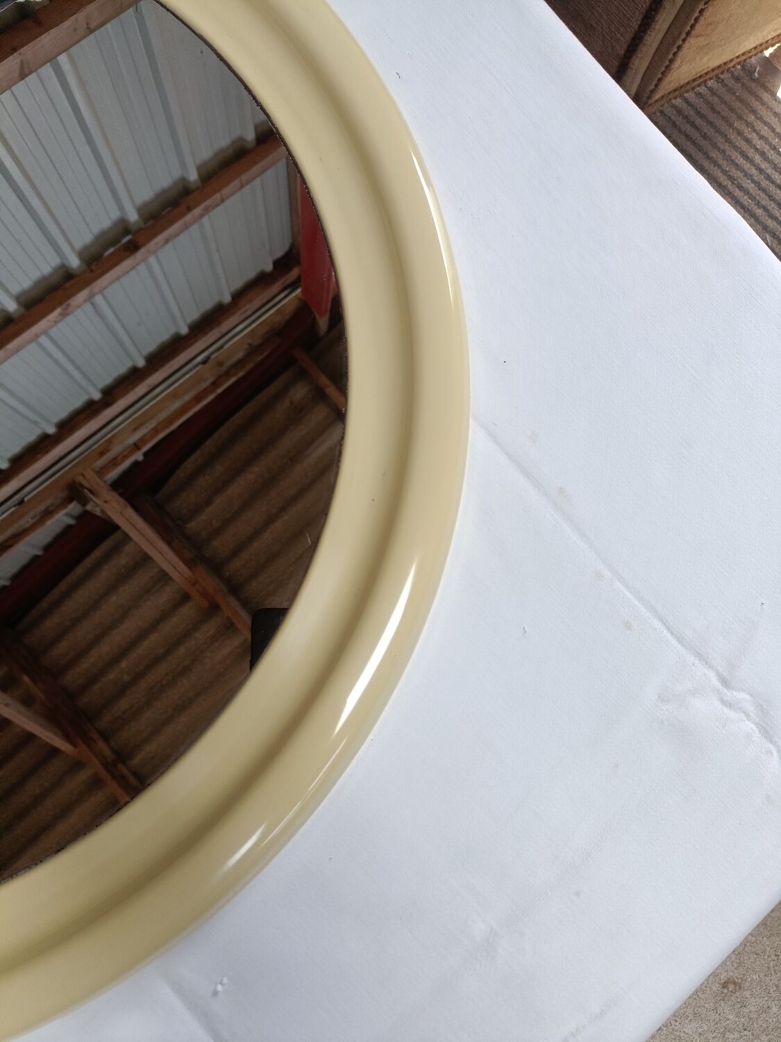 Round mirror in cream plastic, French house Syla, 70s