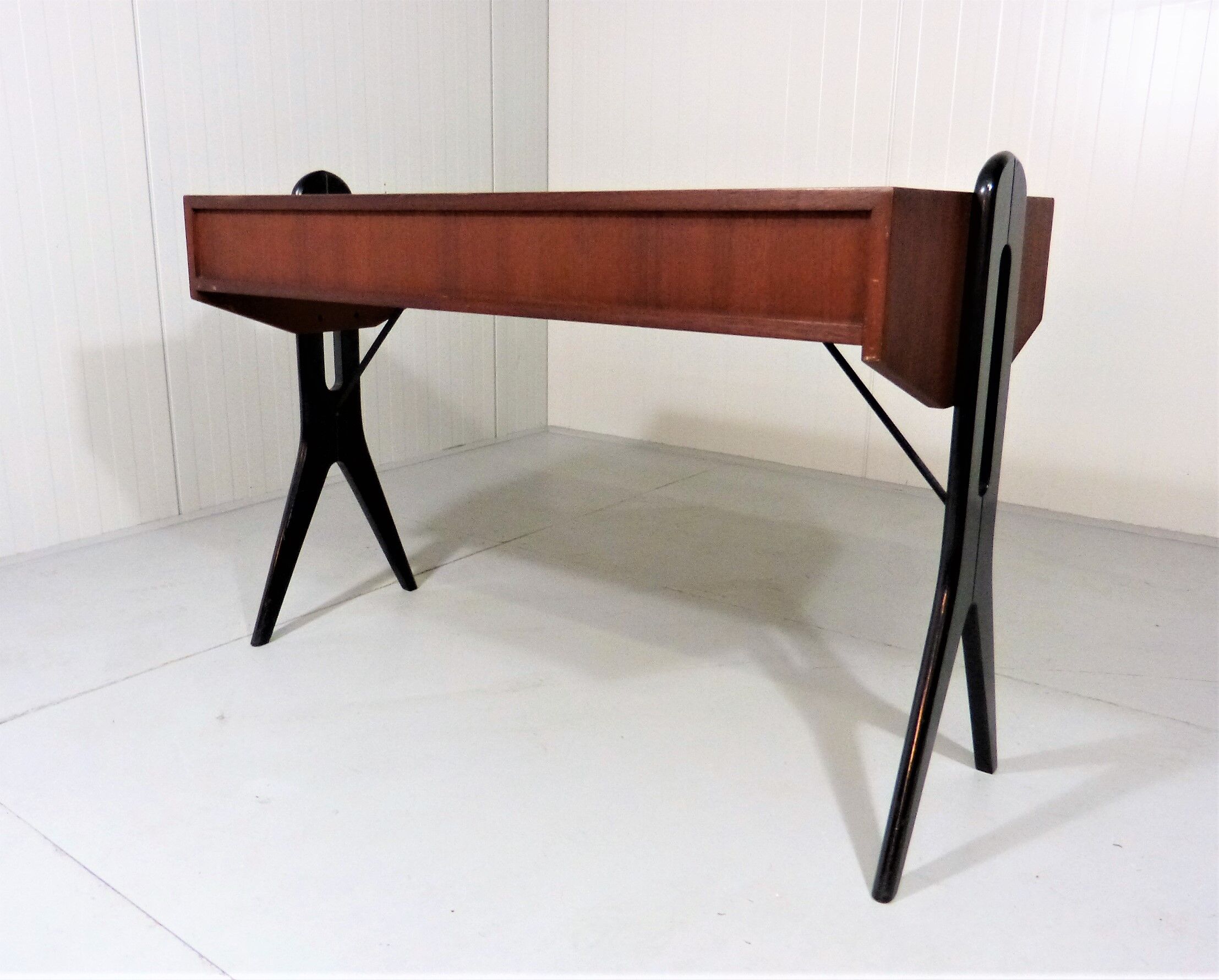 Vintage teak desk with black scissor legs 1960's