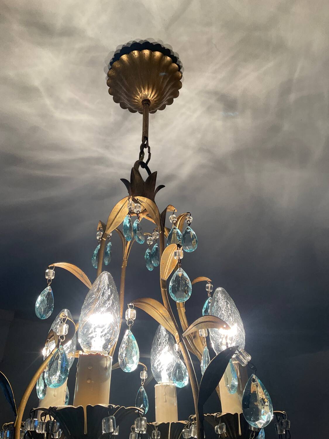 Antique Italian chandelier with cage and blue tassels