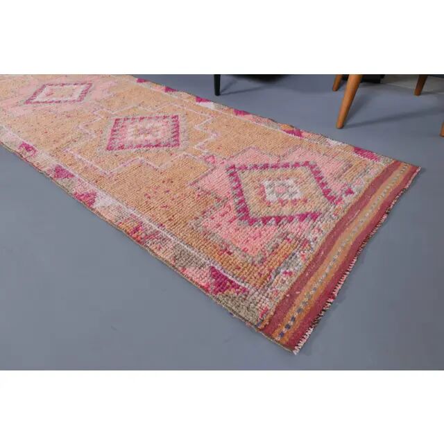 Vintage Turkish Hand-Knotted Wool Cotton Orange Runner Rug 83x355