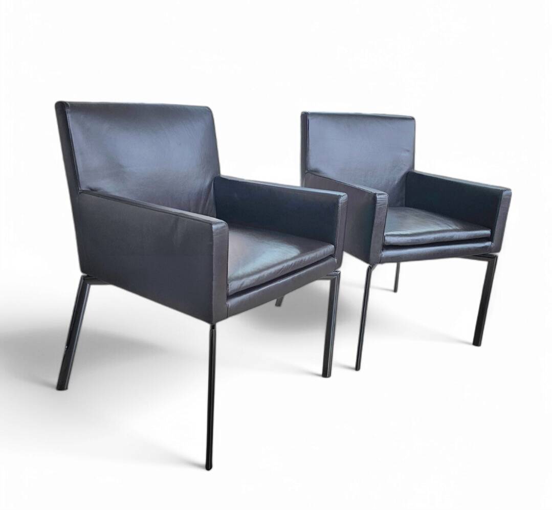 Pair manet minotti arm chairs 2004 / dark brown leather / chrome
