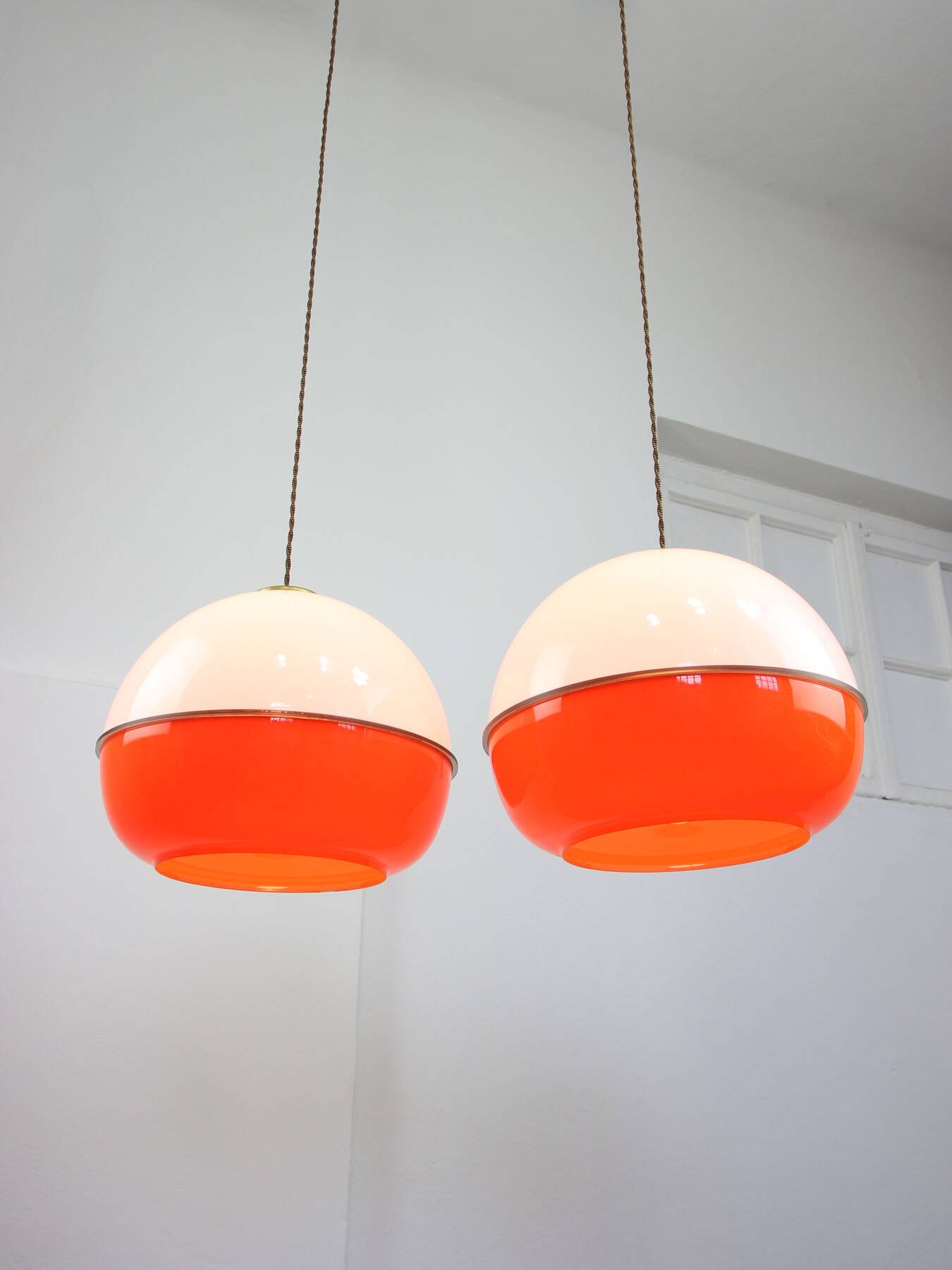 Space Age Italian Orange Plexiglass and Brass Pendant Lamp, 1970s