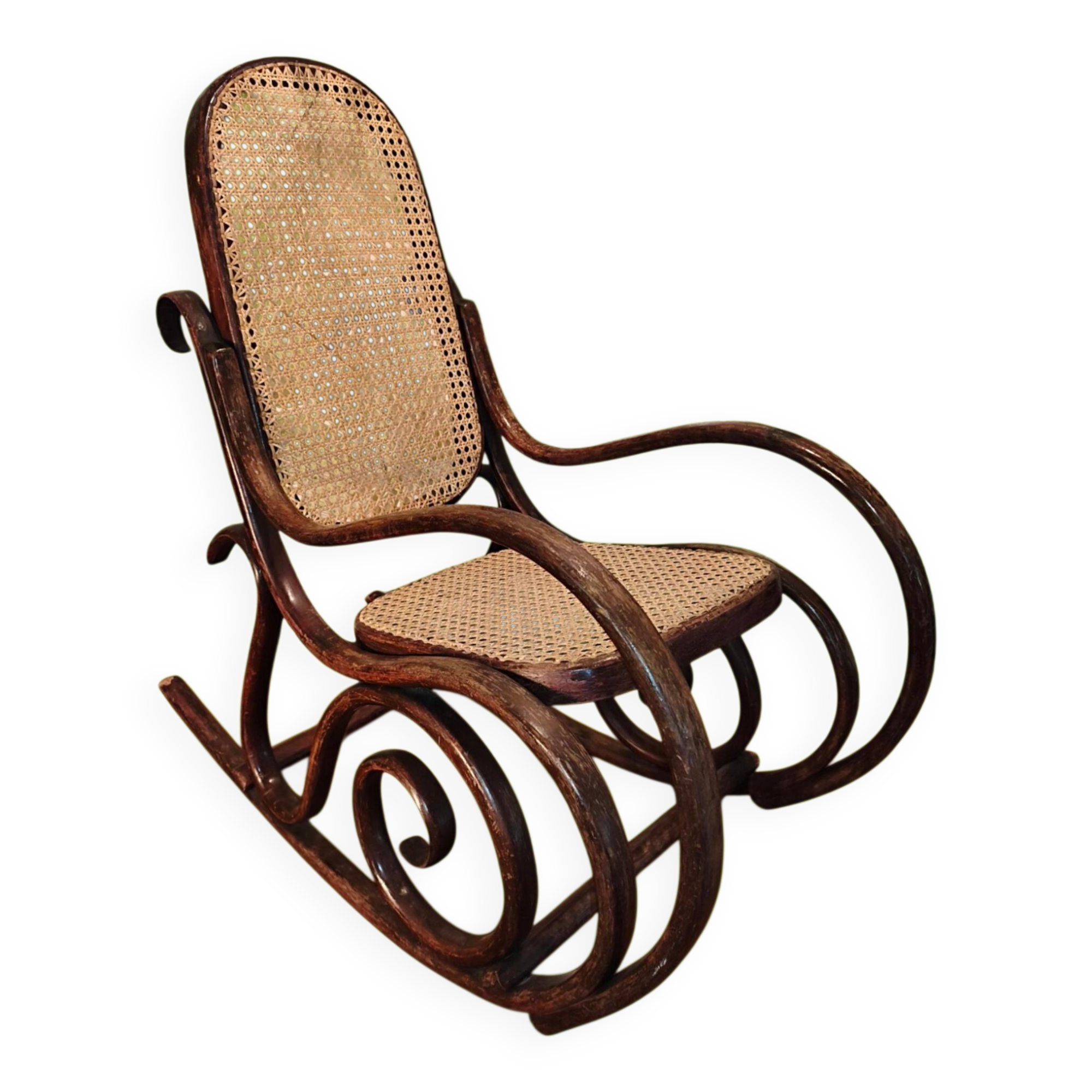 Antique curved wooden rocking chair with caning in Thonet style - Child size