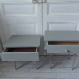 Duo of bedside tables, vintage mismatched verdigris end tables.