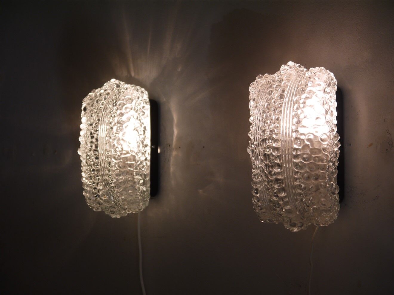 Pair of vintage Scandinavian wall lamps in bubbled glass 1960