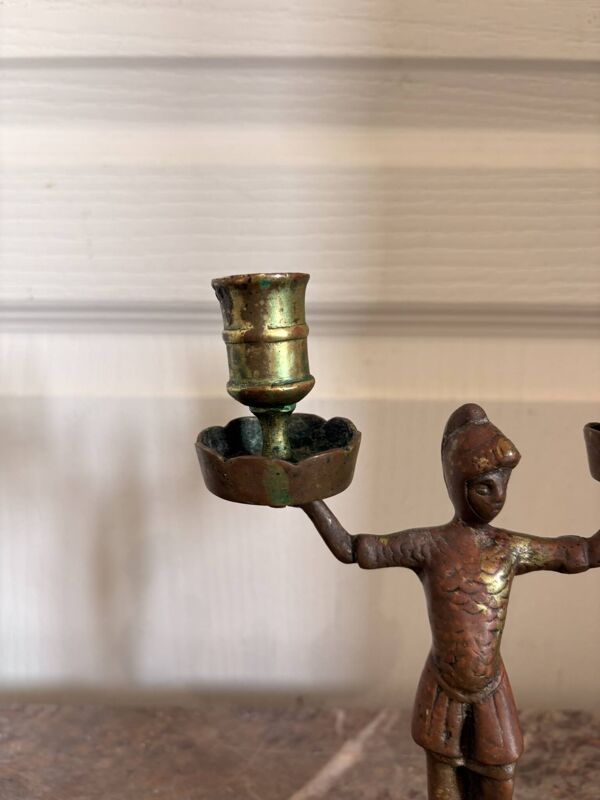 Ancien Bougeoir Chandelier Bronze Cuivre Doré Soldat
