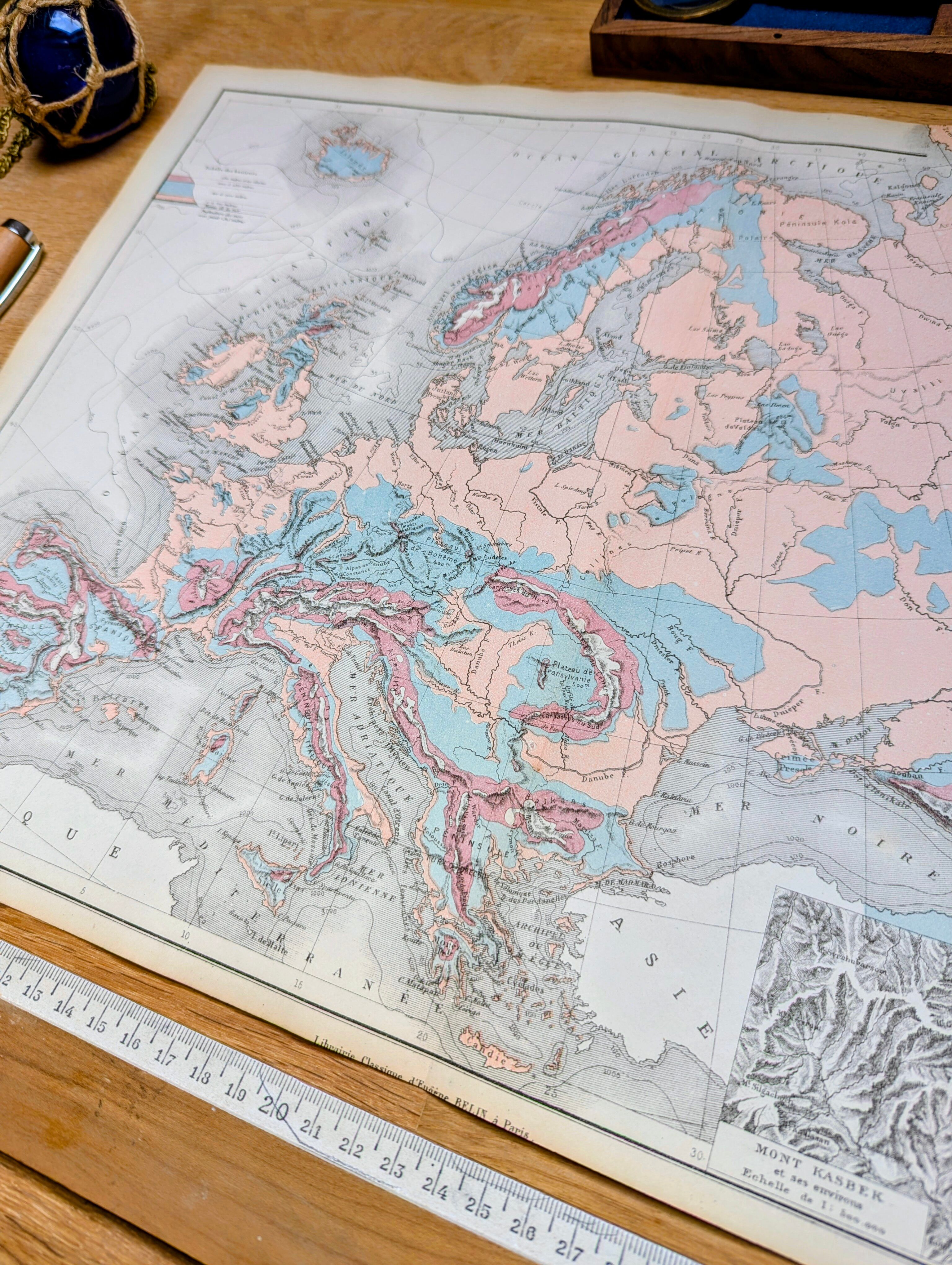 Europe and its reliefs, original map printed in 1879.