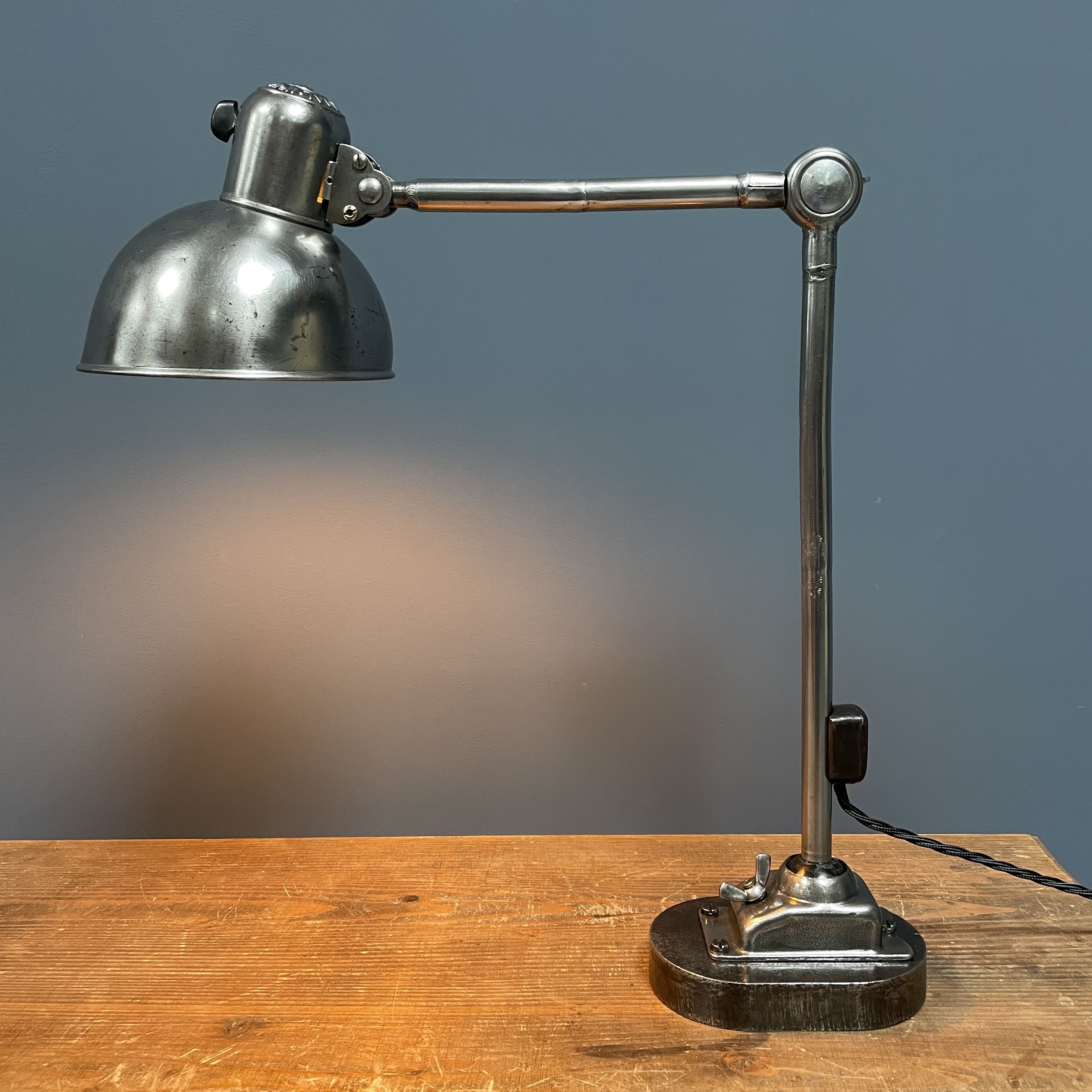 Polished Kaiser idell model 6726 workshop table lamp from the 1930s