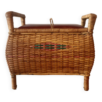 Vintage rattan and wicker sewing basket with leatherette seat
