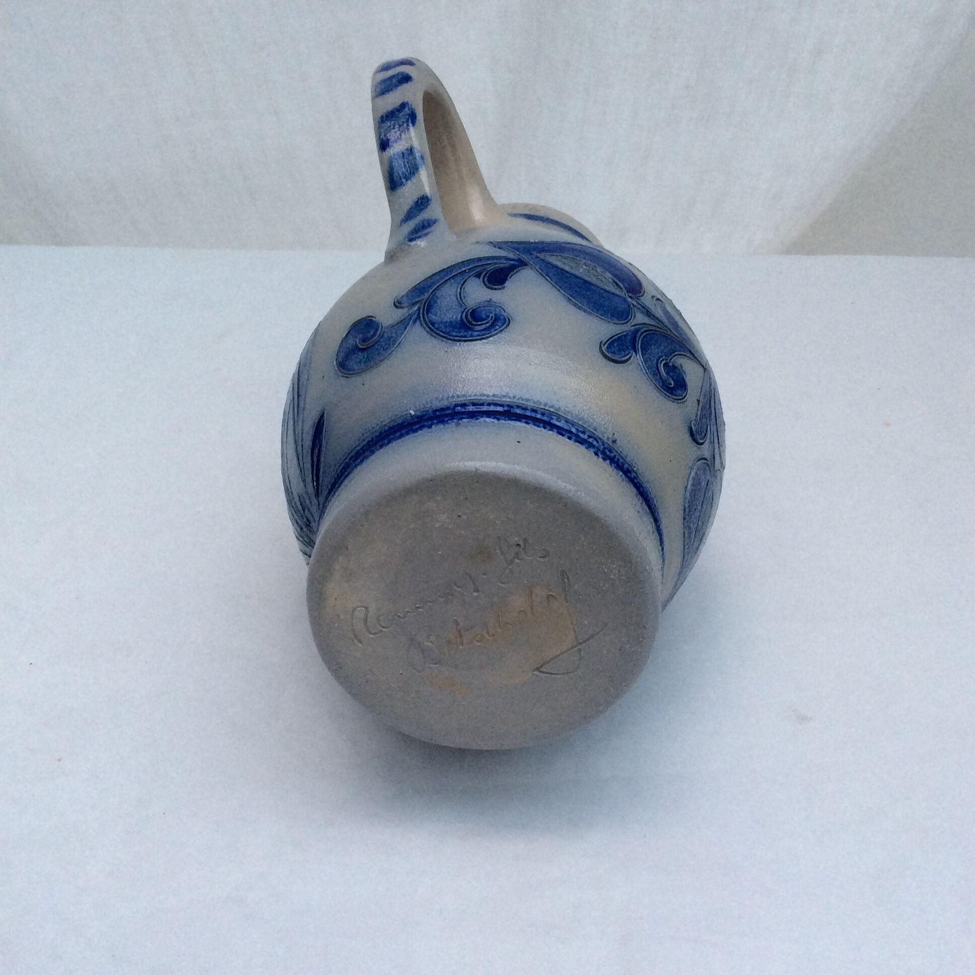 Old sandstone pitcher signed cobalt color and light gray dimension: height -22.5 cm- width -18.5