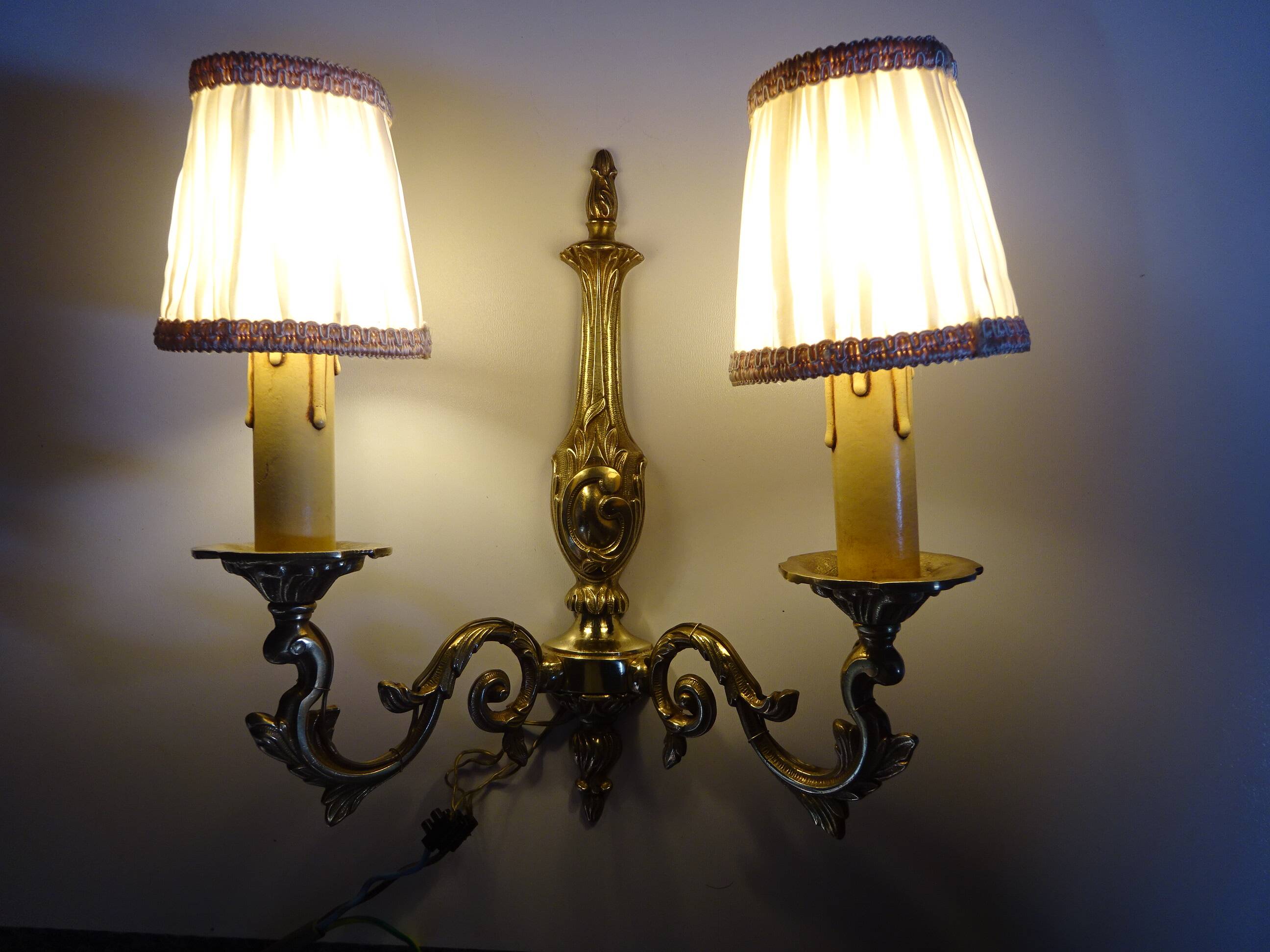 Bronze wall sconces, silk shades, pair