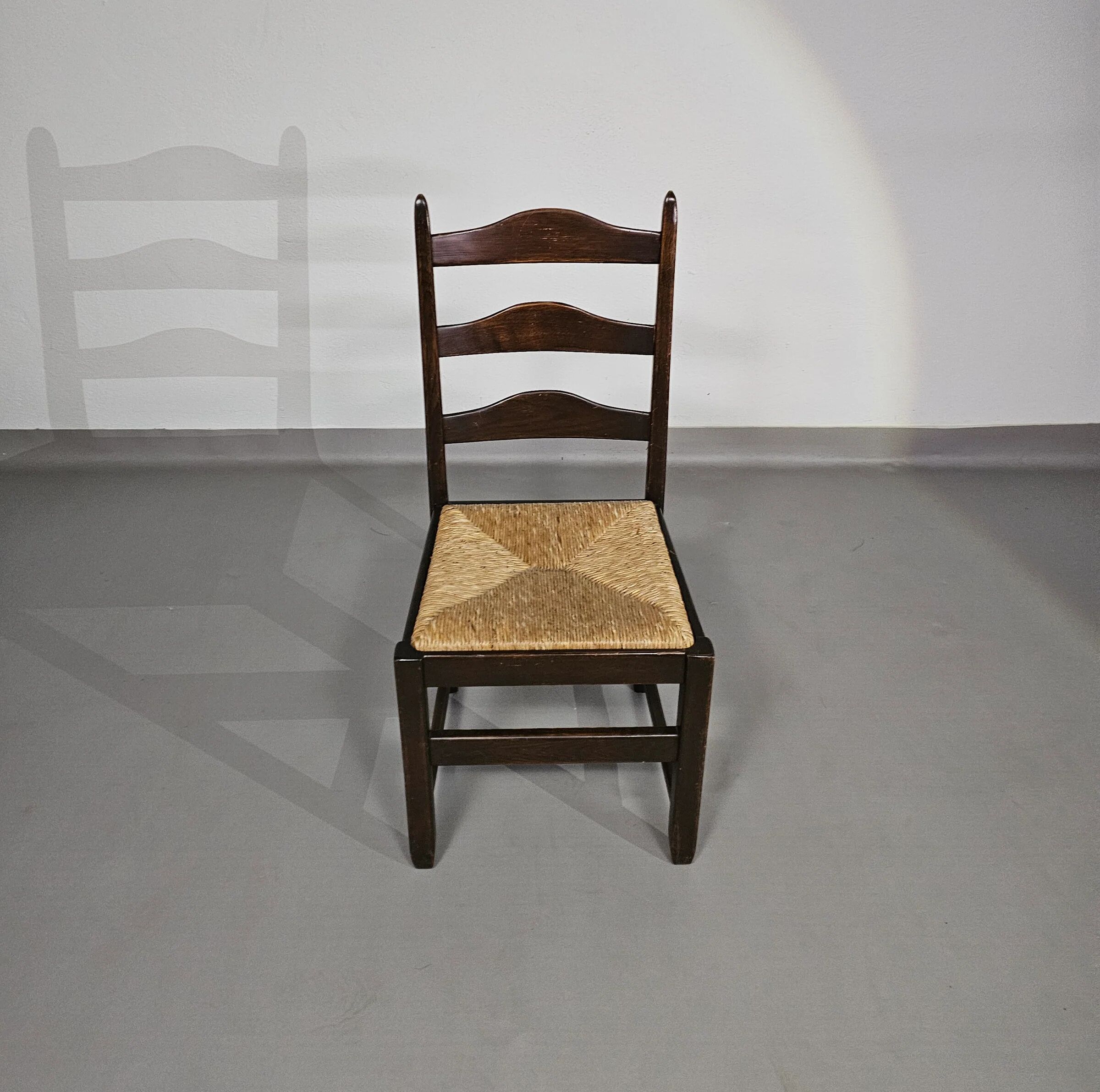 Set of 2 oak, rustic, farmhouse, ladderback dining chairs with rush seats