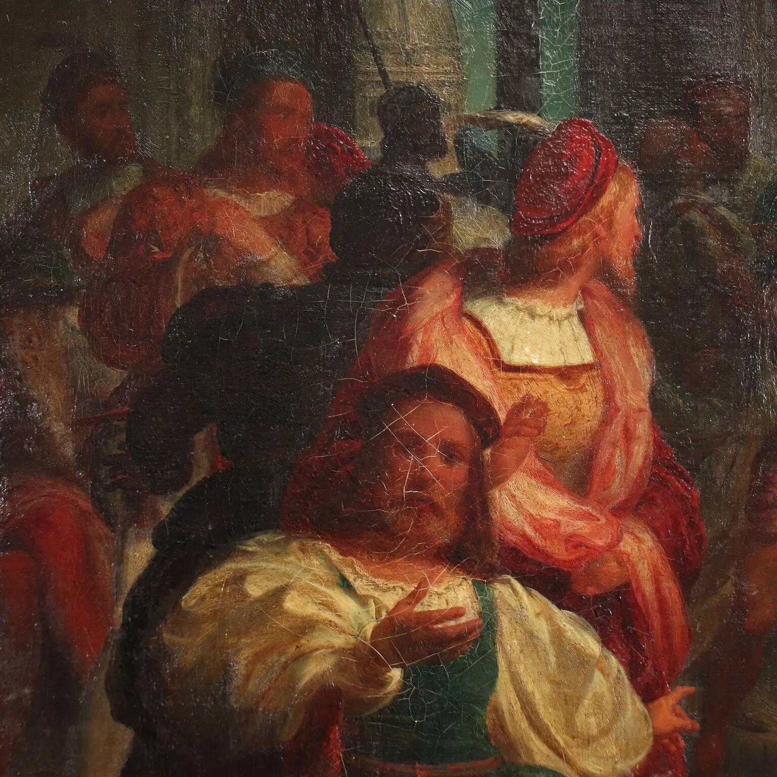 Ancient painting on a historical subject, oil on canvas, Italy 19th century.