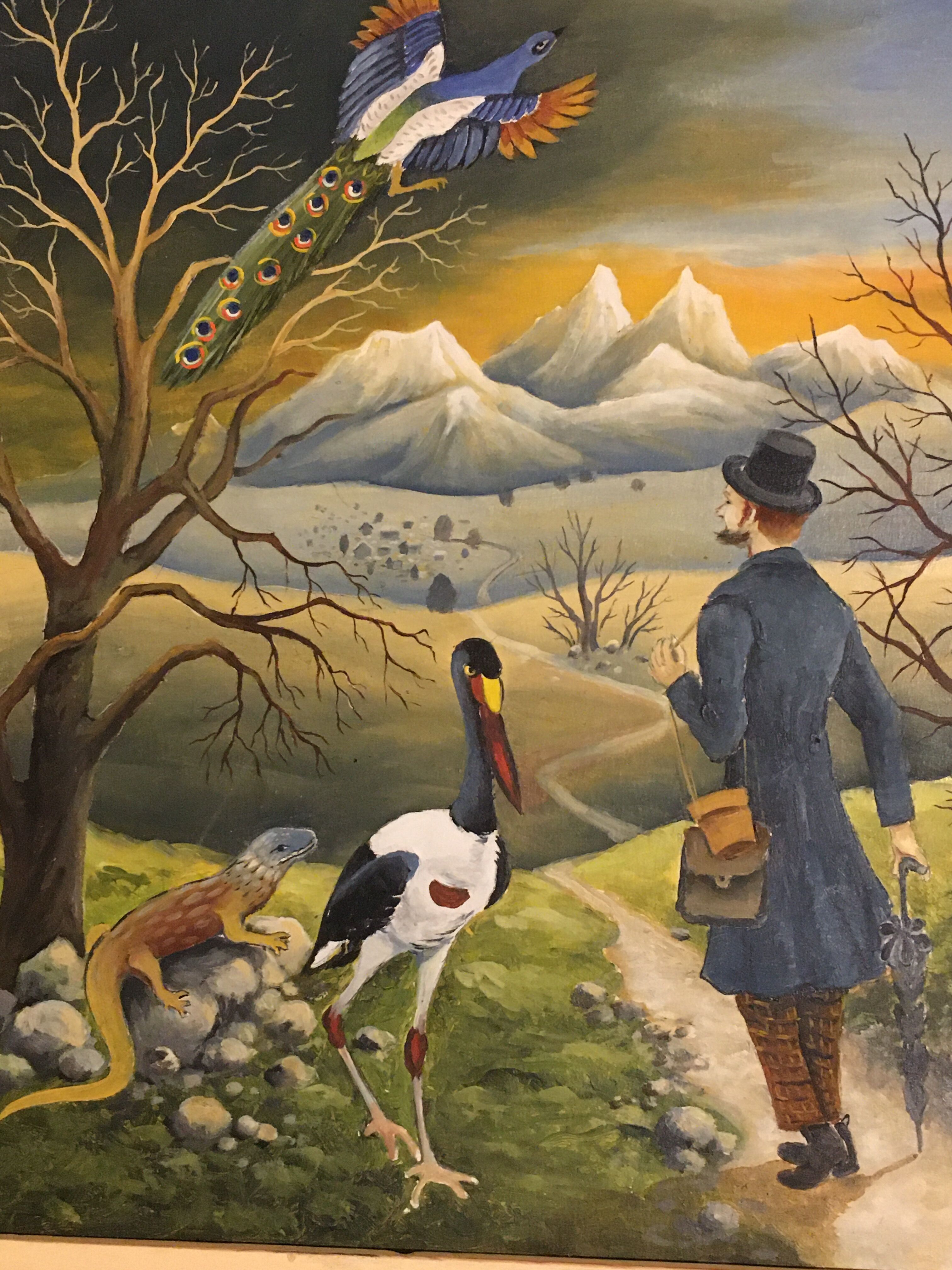 Painting of a character on his way to the mountains accompanied by exotic animals