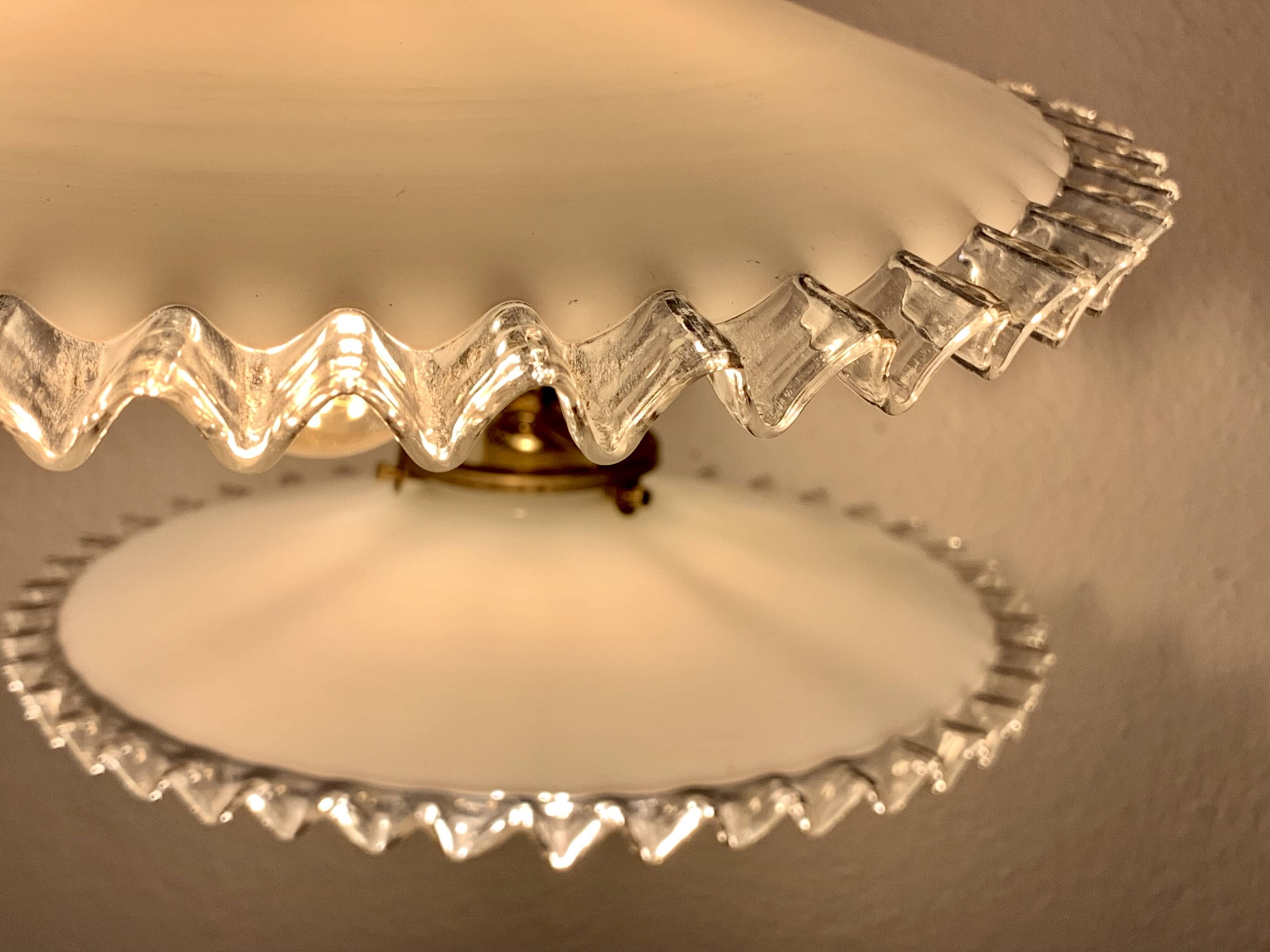 Pair of serrated opaline bistro pendant lights