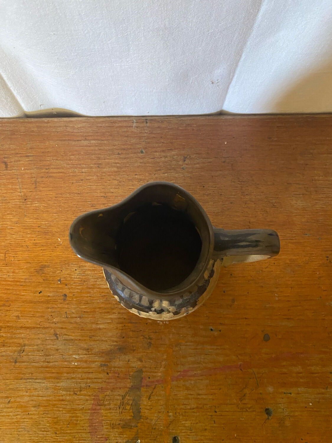 Antique Barrel-Shaped Pitcher, Beige & Blue Glazed Stoneware, 80cl, Service Vi