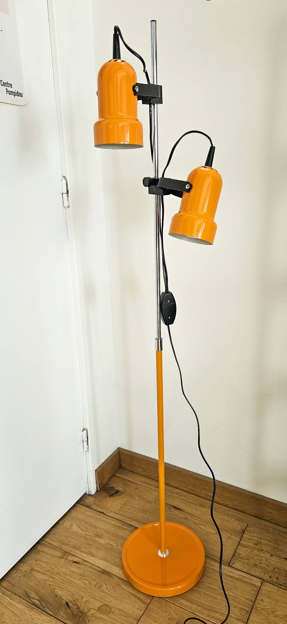 Vintage 1970s floor lamp with 2 spots, chrome, orange and black.