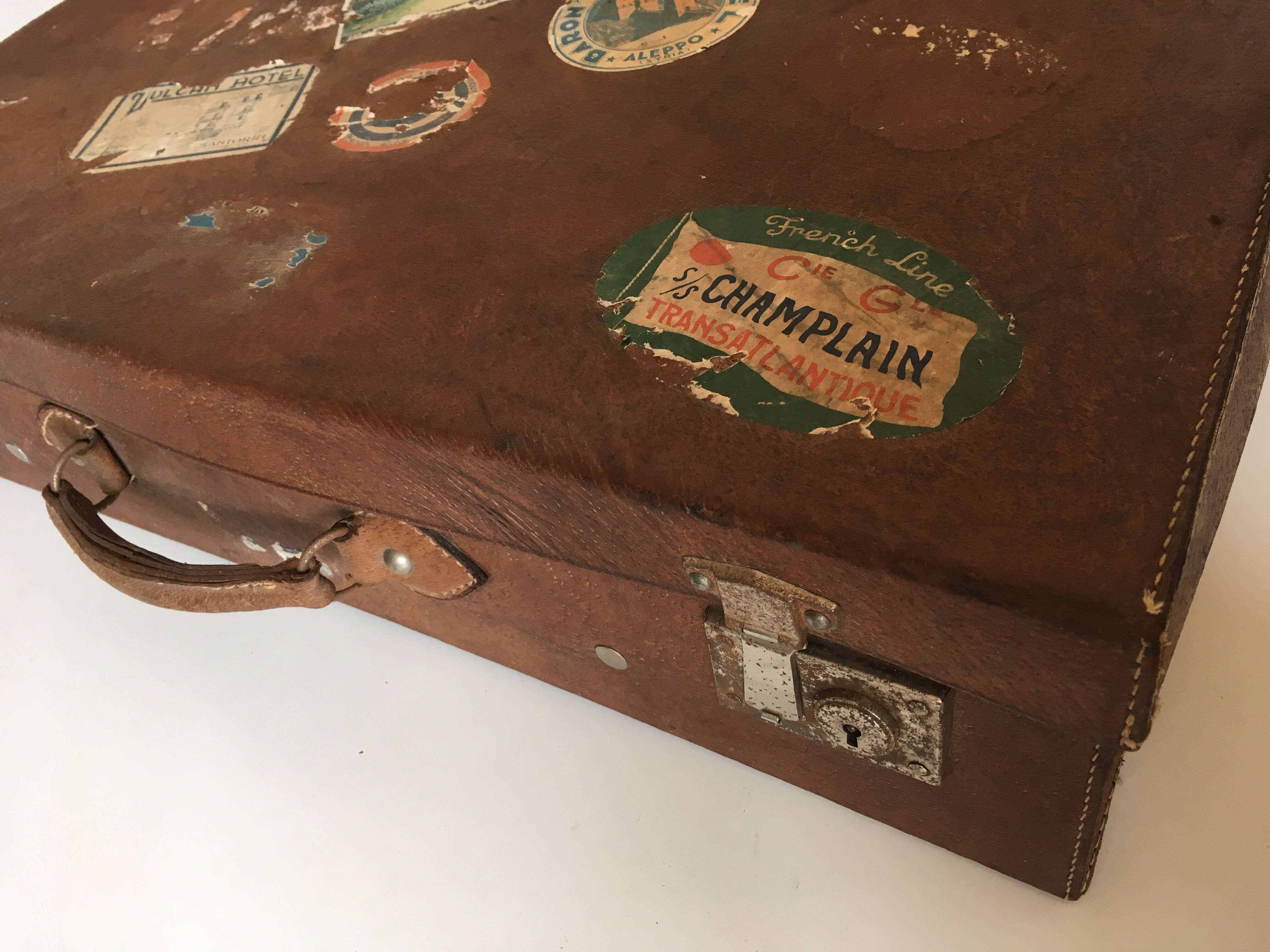 Suitcase of leather with labels of palaces