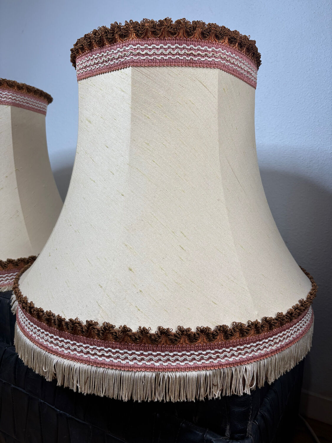 Pair of antique fabric lampshades with fringe