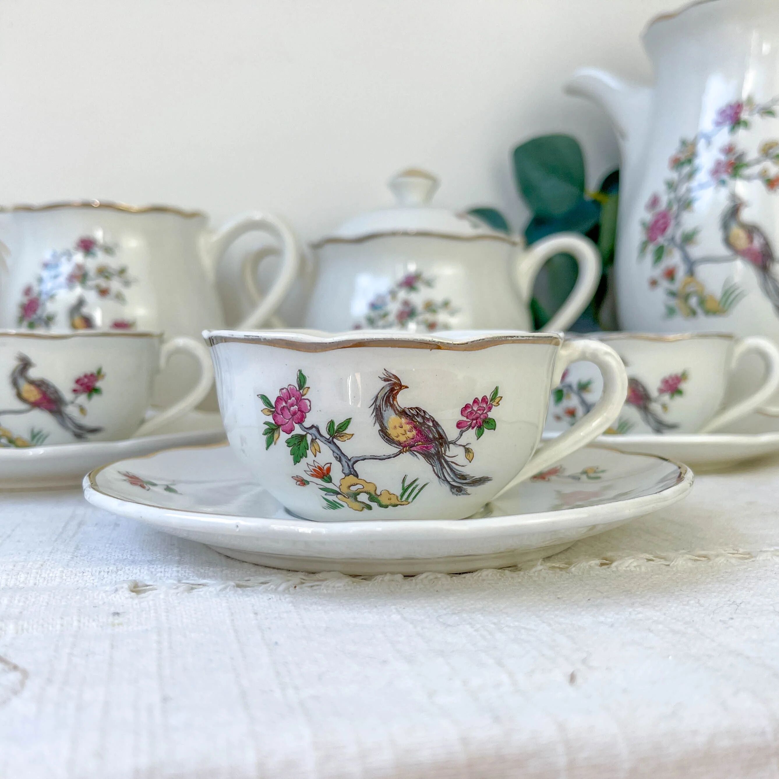 Service à thé vintage Digoin Sarreguemines – Modèle Corde – Motif Oiseau de Paradis