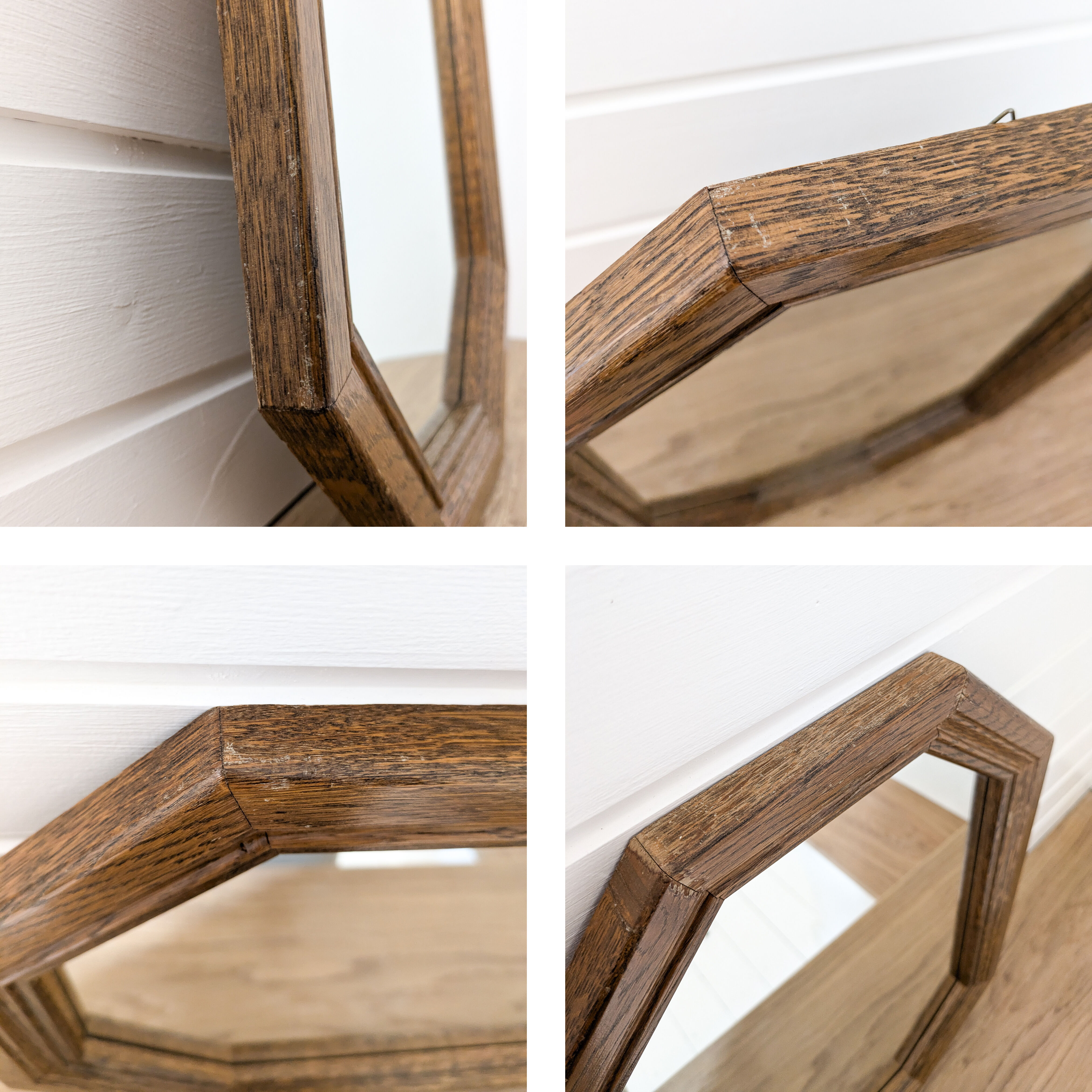 Miroir vintage octogonal en bois massif, style rustique ou entrée rétro