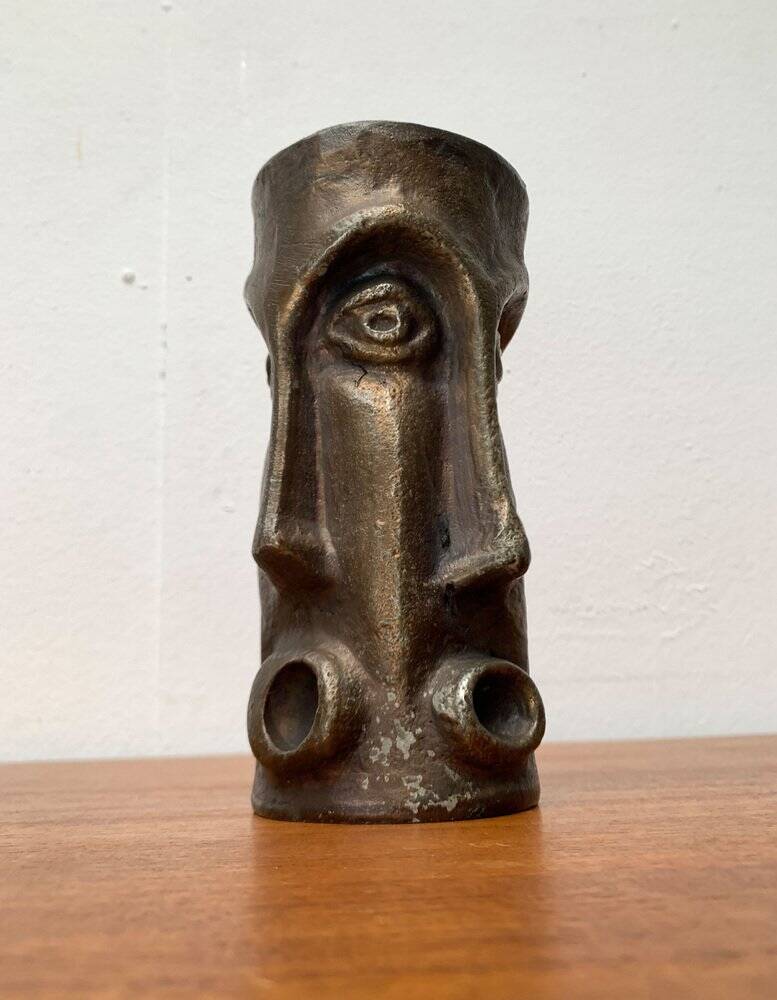 Abstract vase with a brutalist bronze face from the mid-century.