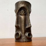 Abstract vase with a brutalist bronze face from the mid-century.