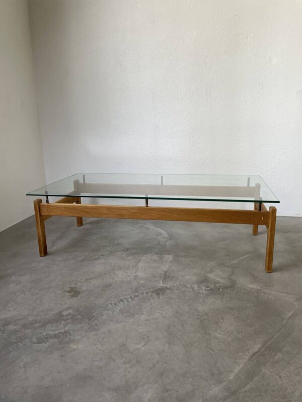 Table scandinave teck blond et verre 60