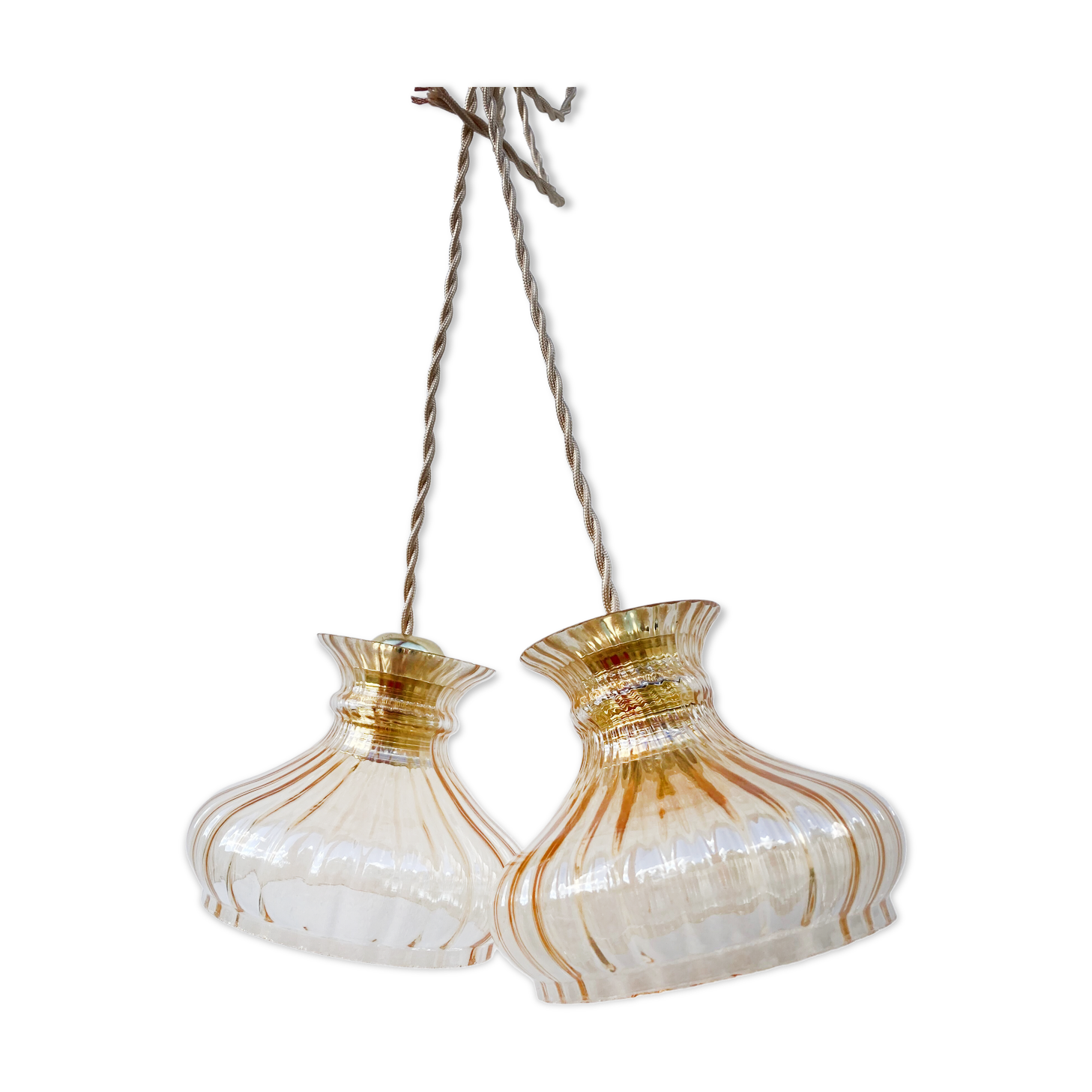 Pair of amber glass walkmen to hang in suspension