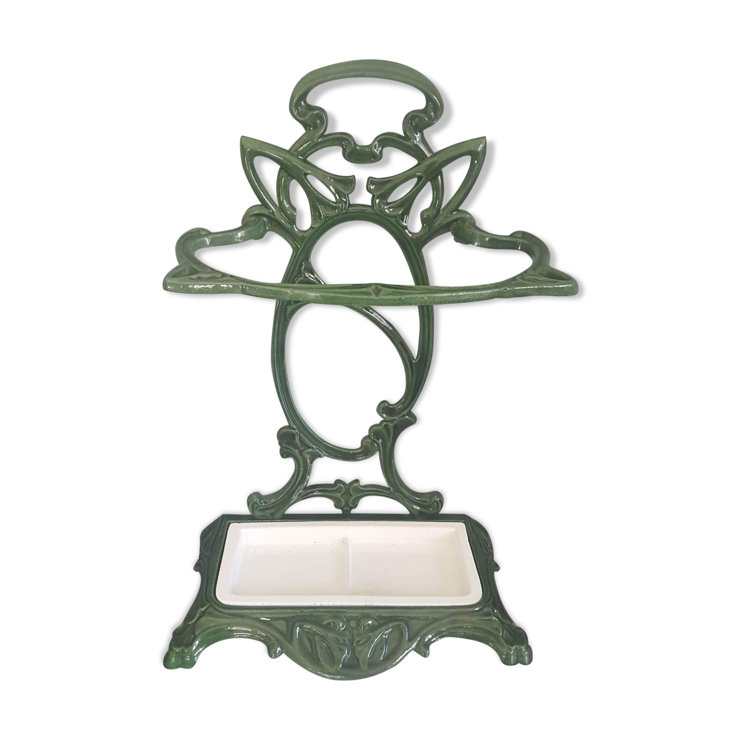 Castirone green enamelled cast iron umbrella stand and removable white tray