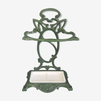 Castirone green enamelled cast iron umbrella stand and removable white tray