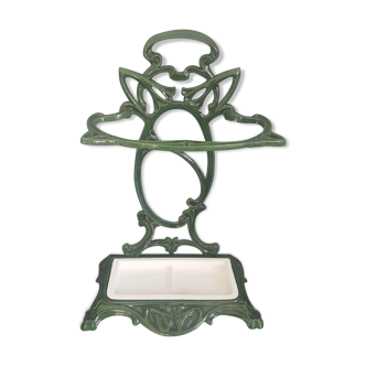 Castirone green enamelled cast iron umbrella stand and removable white tray