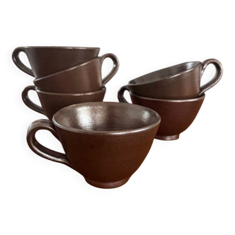Set of 6 vintage ceramic mugs - chocolate colored stoneware mug