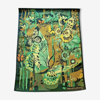 Hervé lelong signed wall tapestry, vintage 70s, green butterfly
