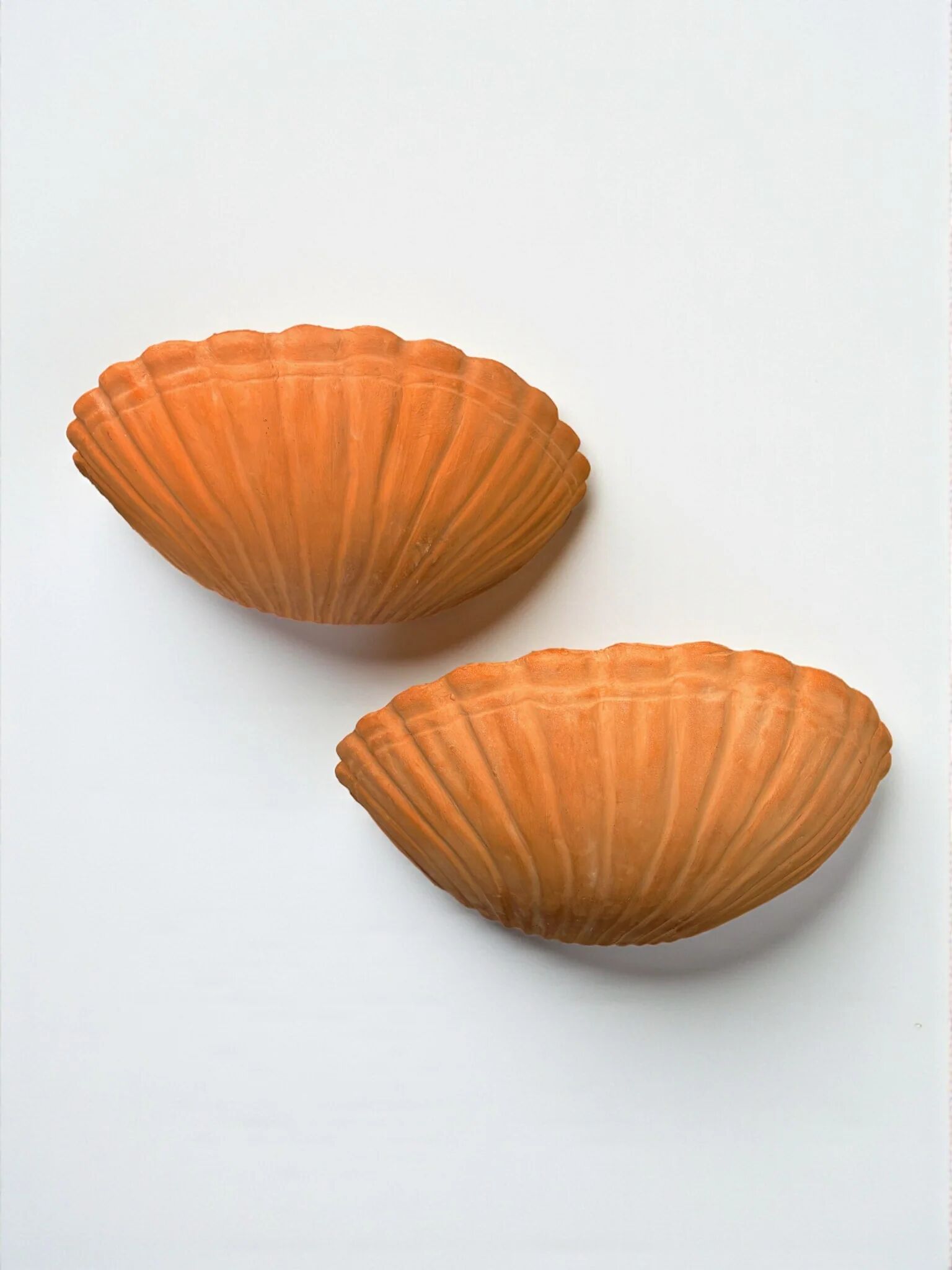 Pair of vintage Italian shell wall sconces, large terracotta sculptures, 1980s
