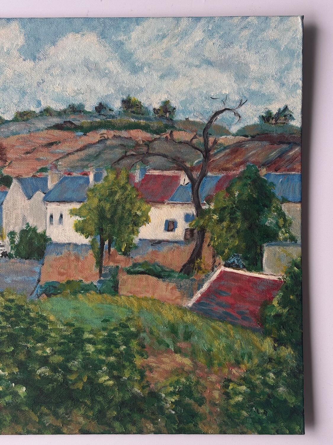 Painting on panel, countryside in spring.