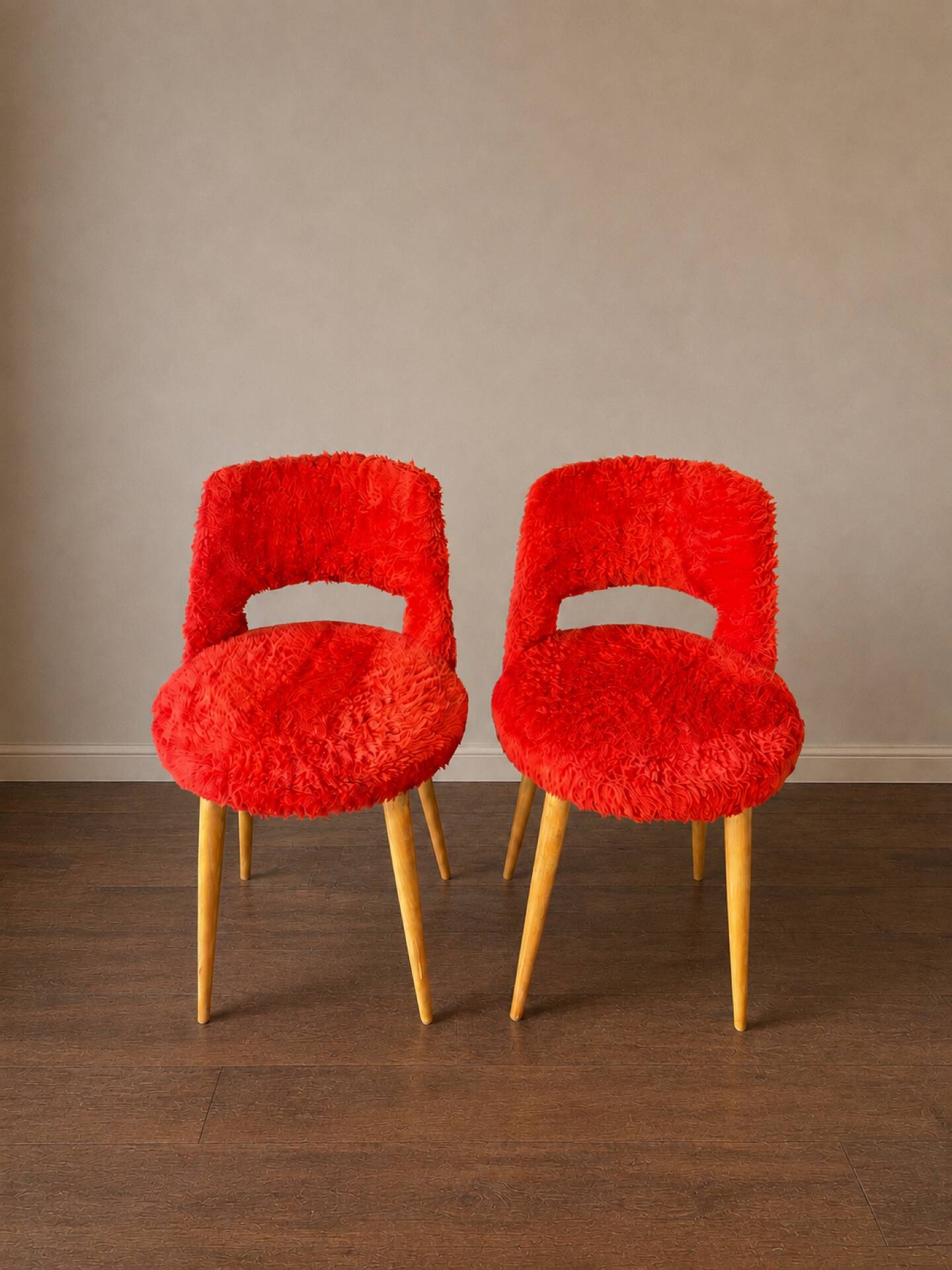 Pair of vintage red shaggy armchairs from the 1960s.