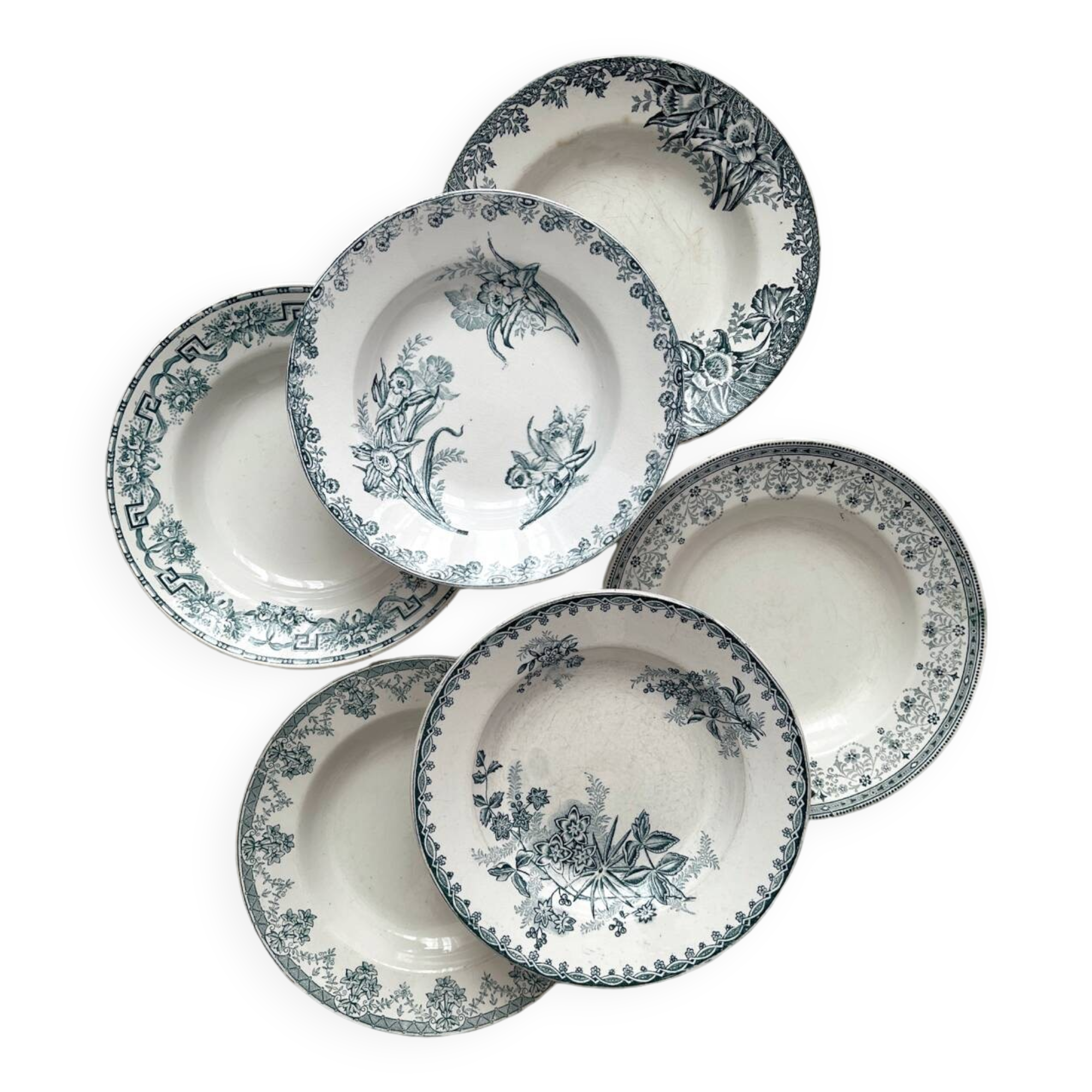 6 mismatched Saint Amand ironstone soup plates