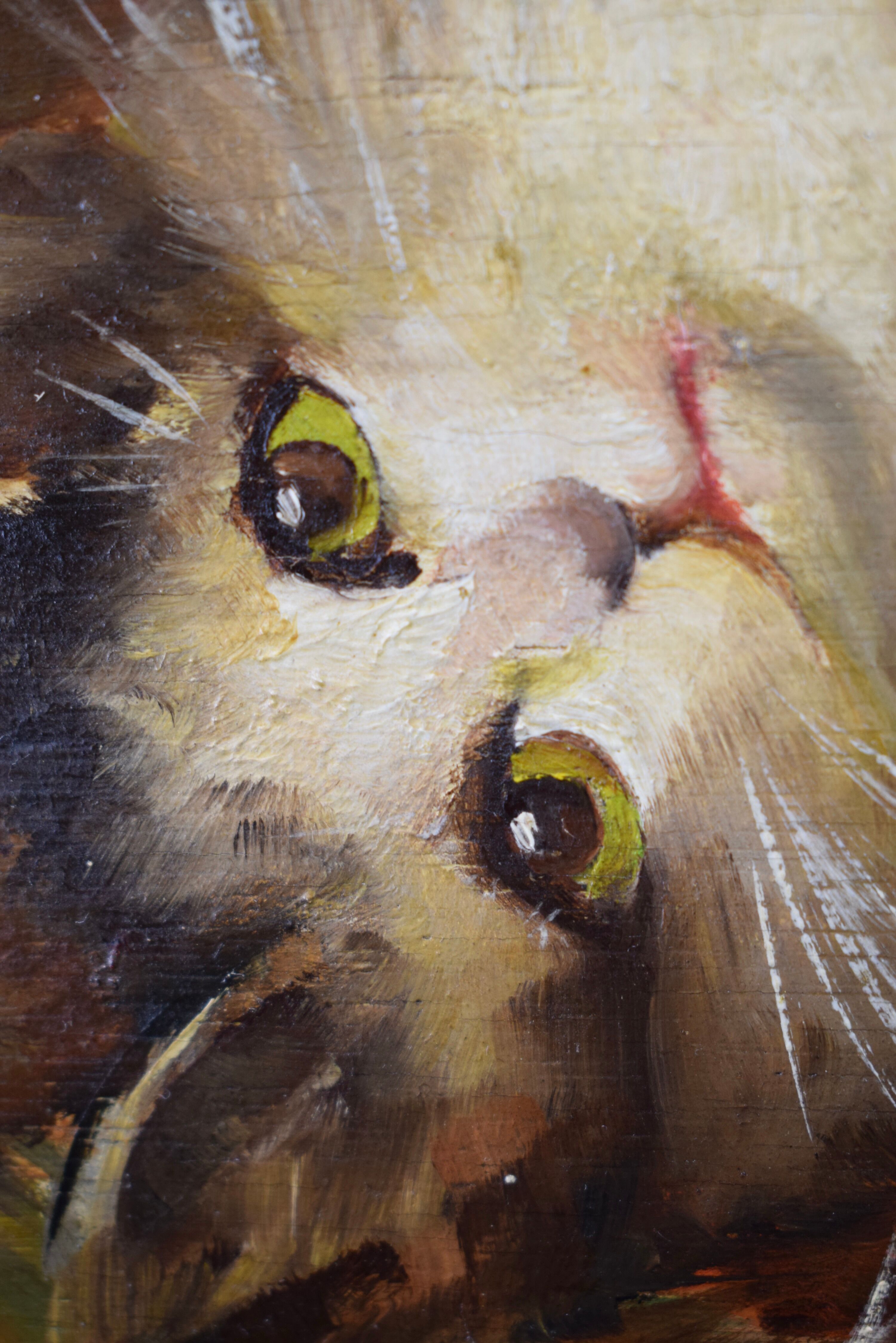 Oil painting on panels kitten playing by Leon Huber