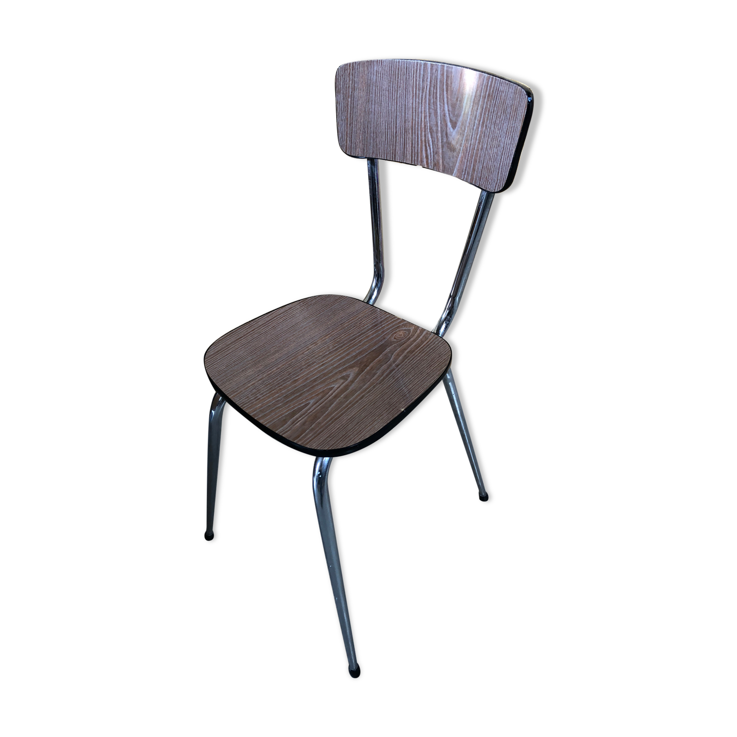 Old chair kitchen formica imitat° wood + feet compass metal chrome vintage